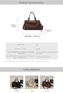 Detailed chart showing 46x30x20cm dimensions and PU material for the large travel tote bag