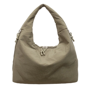 Olive green nylon hobo tote bag with wide strap and zip knots for daily commuting