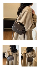 Close-up of vintage brown leather crossbody bag featuring fashion embossed flap and strap