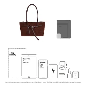 Deep brown suede tote bag showing capacity comparison with 11-inch iPad Pro