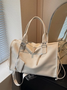 Minimalist beige large capacity tote bag with texture and detachable shoulder strap