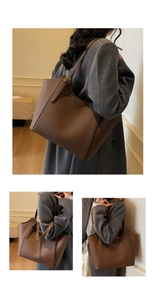 Detail of coffee brown tote bag showing litchi grain texture and V-cut design