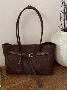 Retro large capacity dark brown suede tote bag with stylish belt detail for office women