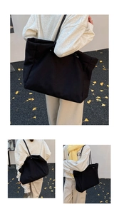 Detail of large black tote bag in thick felt fabric showing side and back carry views