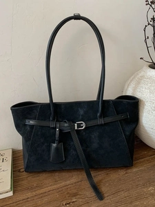 Retro black large capacity suede tote bag with stylish silver metal buckle for daily commute