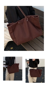 Brown large tote bag with wool texture and slim straps shown in casual lifestyle scenes