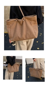 Detail of camel felt tote bag showing drawstring closure and slim shoulder straps