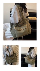 Three-way view of an olive green corduroy tote bag with multiple functional pockets
