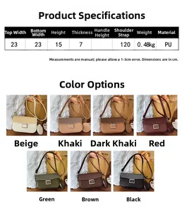 Detailed dimension guide and color chart for the minimalist PU leather flap bag