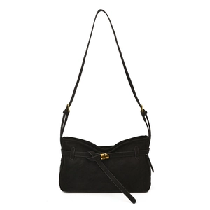 Minimalist large capacity black suede crossbody bag with elegant gold buckle detail