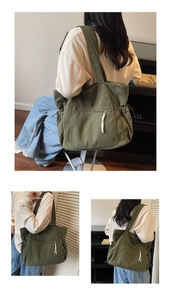 Detailed look at olive green corduroy tote bag featuring vertical stripes and front zipper