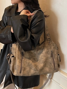 Retro brown large capacity tote bag with dual zippers and adjustable shoulder strap