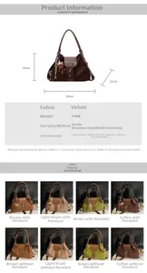 Detailed size chart and dimensions of the large capacity velvet tote bag for women