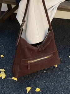 Brown faux suede tote bag for women featuring a large capacity and minimalist retro design