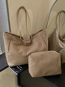 Minimalist large-capacity brown wool tote bag set with matching zipper pouch