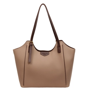 Minimalist large-capacity khaki tote bag with dark brown straps for daily commute
