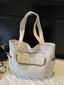 Women Corduroy Tote Bag Large Capacity Multi Pocket Casual Commute Shoulder Handbag Retro Streetwear Solid Color Fashion Bag