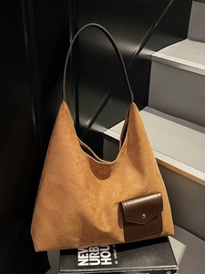 Brown frosted suede tote bag with front leather pocket for casual urban fashion wear