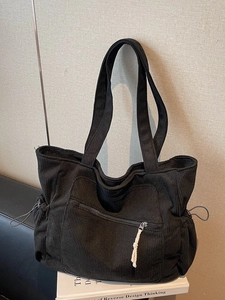 Women Large Capacity Corduroy Tote Bag Simple Solid Color Shoulder Bag With Zipper Pocket Drawstring Side Students Handbag