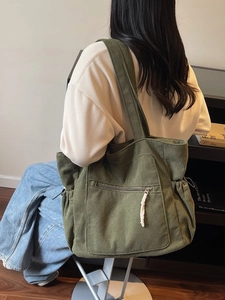 Olive green corduroy tote bag with large capacity and front zipper pocket for women