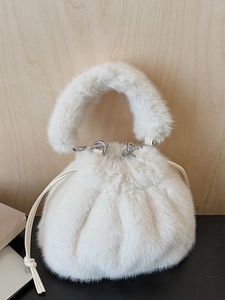 Urban Minimalist Faux Fur Plush Bucket Bag Drawstring Shoulder Crossbody Bag Winter Warm Handbag Daily Accessory