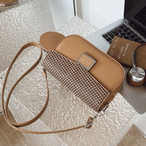 Close-up of brown crossbody bag with plaid texture and silver buckle on a clear display