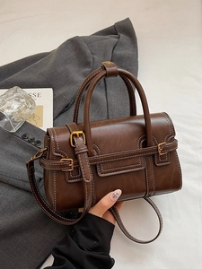 Retro brown crossbody box bag with contrast stitching and top handle for women