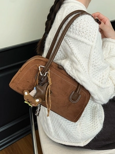 Vintage Suede Texture PU Leather Shoulder Bag For Women Large Capacity Boston Handbag With Bear Charm Contrast Stitching Bag