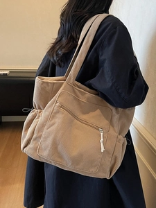 Khaki corduroy tote bag for women featuring large capacity and stylish side pocket