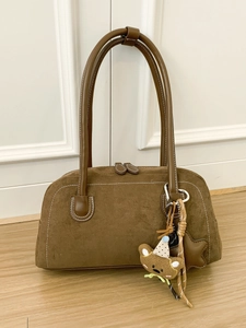 Vintage brown suede boston bag with white contrast stitching and bear charm