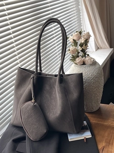 Women Vintage PU Leather Tote Bag Large Capacity Shoulder Bag With Small Pouch Commuter Handbag Solid Color Style