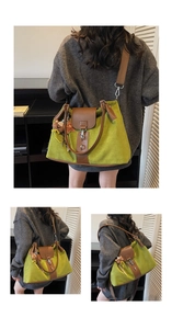 Detail of green canvas tote with brown leather flap and cute plush bear charm decoration