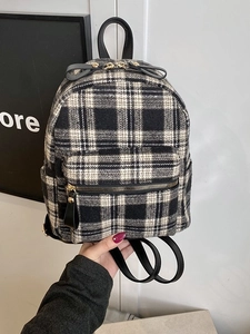 Women Retro Plaid Mini Backpack Fashion PU Leather Tweed Checkered Commuting Casual Large Capacity Shoulder Bag With Gold Hardware