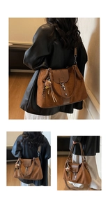 Brown suede tote bag detail with leather flap and cute plush bear charm accessory