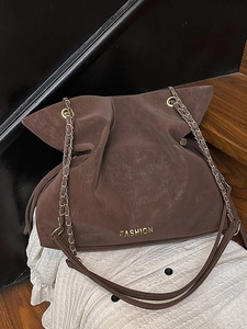 Brown vintage leather chain bucket bag for women with large capacity shoulder strap
