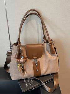 Brown leather and beige suede large tote bag with silver buckle and cute bear charm