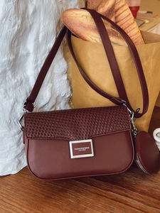 Burgundy contrast shoulder bag with woven flap and detachable round coin purse detail