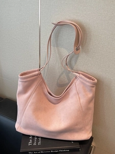 Pink suede hobo tote bag with vertical stitching for women casual daily commuting