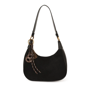 Elegante borsa hobo nera a mezzaluna con texture scamosciata e fibbia dorata