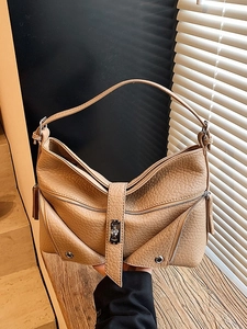 Minimalist khaki lychee pattern leather hobo bag with zipper pocket and metal lock closure