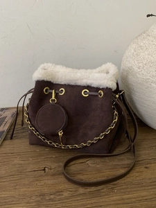 Retro Women PU Leather Bucket Bag Plush Trim Monogram Embossed Shoulder Bag Gold Chain Tote Handbag With Round Coin Pouch
