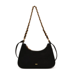 Bolso medialuna retro en ante sintético negro con cadena dorada y bordes de piel lisa
