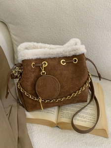 Vintage brown frosted bucket bag with white faux fur trim and detachable coin purse