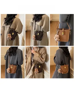 Collage of mini bucket bags in caramel and dark brown leather with a cute teddy bear charm