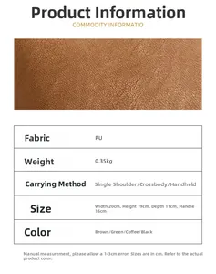 Detail specifications of brown PU leather bucket bag with dimensions and texture macro