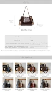 Detailed size specifications and color options for large capacity retro PU tote bag