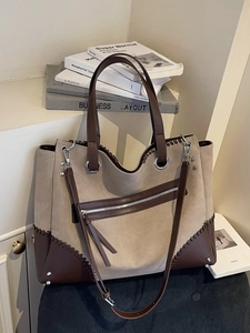 Borsa tote vintage capiente in pelle scamosciata beige e marrone con cuciture intrecciate