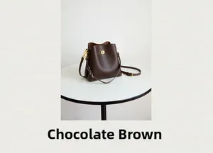 Detail view of chocolate lychee grain leather bucket bag with gold metallic twist lock