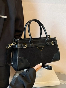 Matte retro black tote bag with triangle logo and gold buckles for office commute