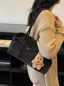 Minimalist soft matte tote bag with plush puppy charm for women, large capacity shoulder bag